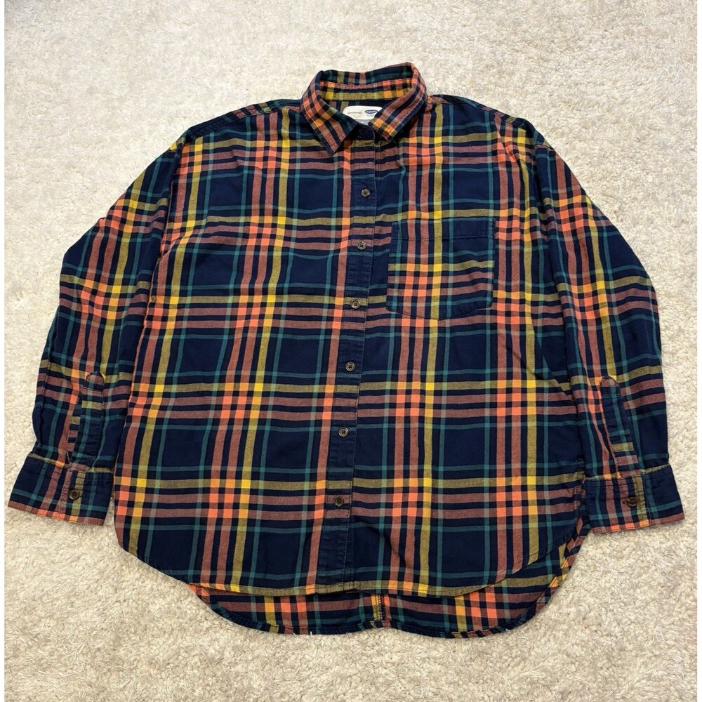 Old Navy Womens 100% Cotton Size Medium Plaid Boyfriend Fit Button Up-Pockets